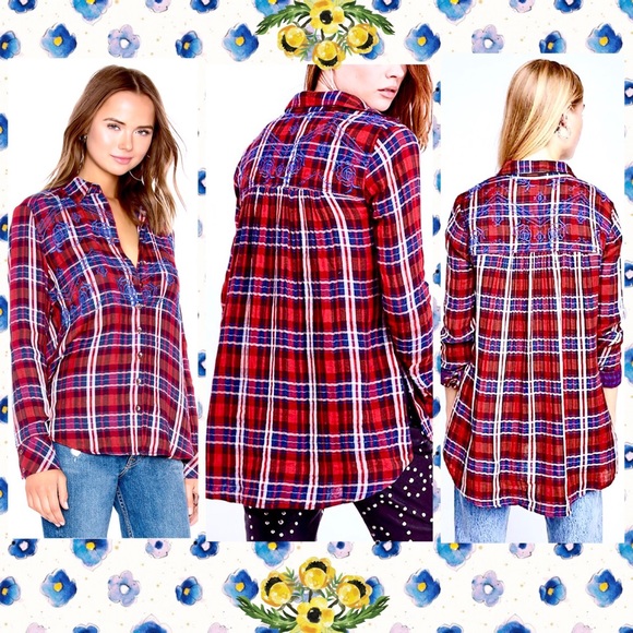 Free People Magical Plaid Buttondown Top Red Blue - Picture 3 of 8